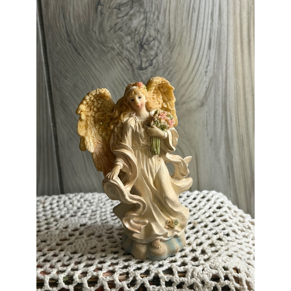 Vintage Resin Angel Figurine Holding Flowers Gold Shimmer Wings 5.5 Inch Decor